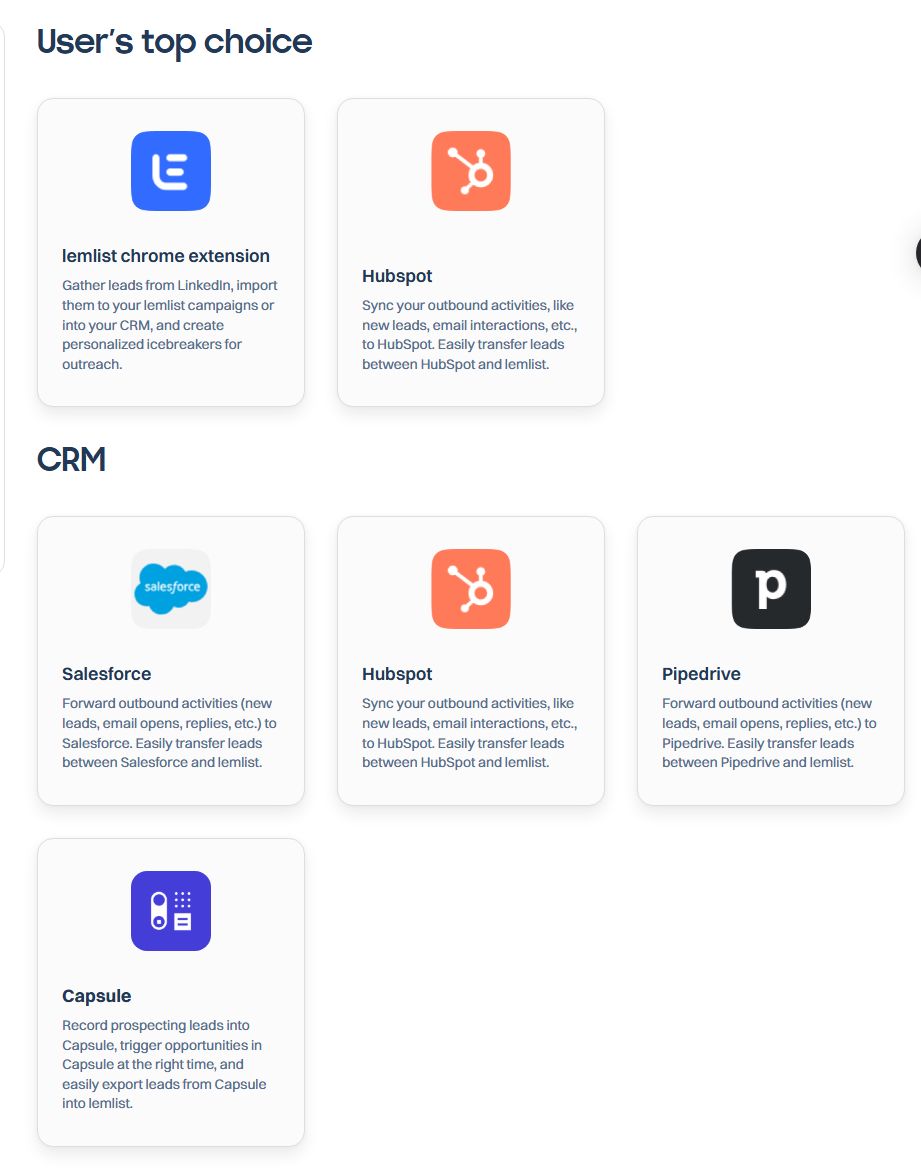 Lemlist integrations with various CRMs.