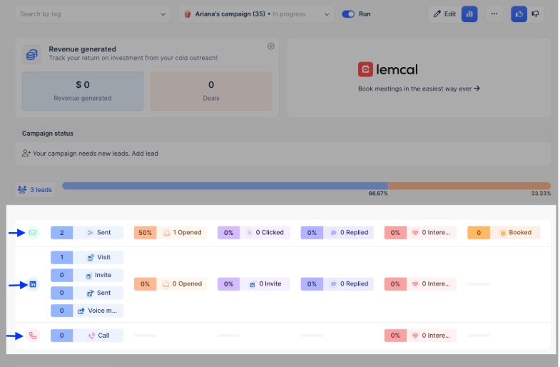 Lemlist campaign dashboard showing campaign progress and lead status.