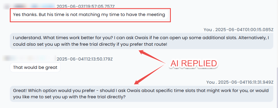 A screenshot of a text conversation where a user initially states a time conflict for a meeting, and then an AI responds by offering alternative solutions such as finding new time slots or a free trial, with arrows pointing to "AI REPLIED."