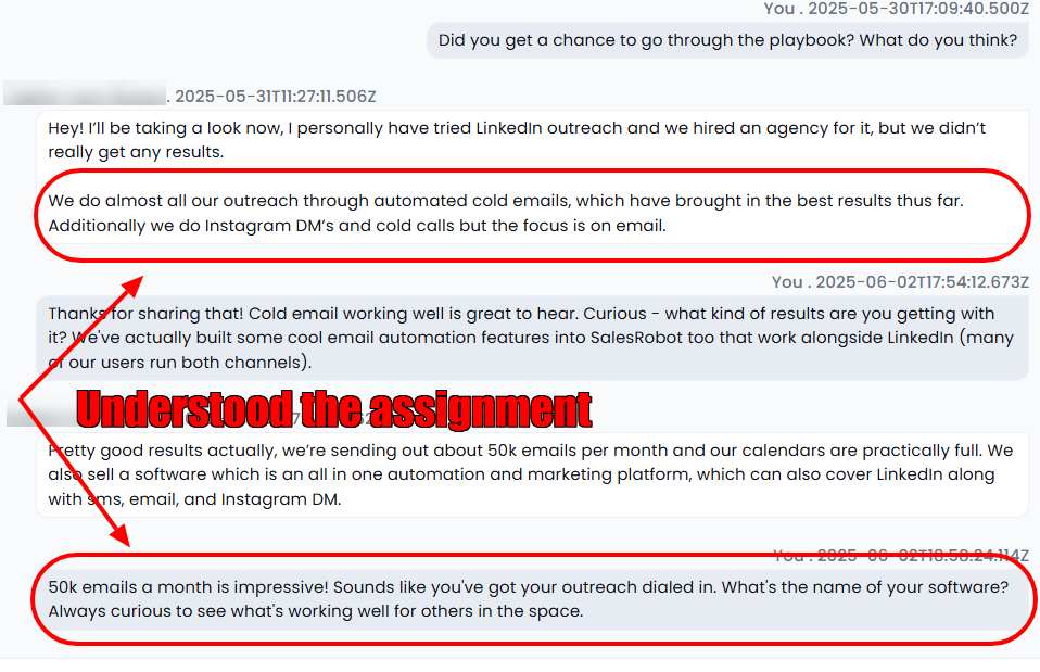 A screenshot of a text conversation discussing outreach methods. The conversation shows a user explaining their successful automated cold email strategy, with an annotation "Understood the assignment" pointing to the relevant text.