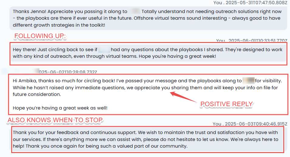 A screenshot of a text conversation demonstrating follow-up and positive reply in a business communication. The conversation shows a user thanking for shared playbooks and confirming receipt, with an arrow pointing to "POSITIVE REPLY."