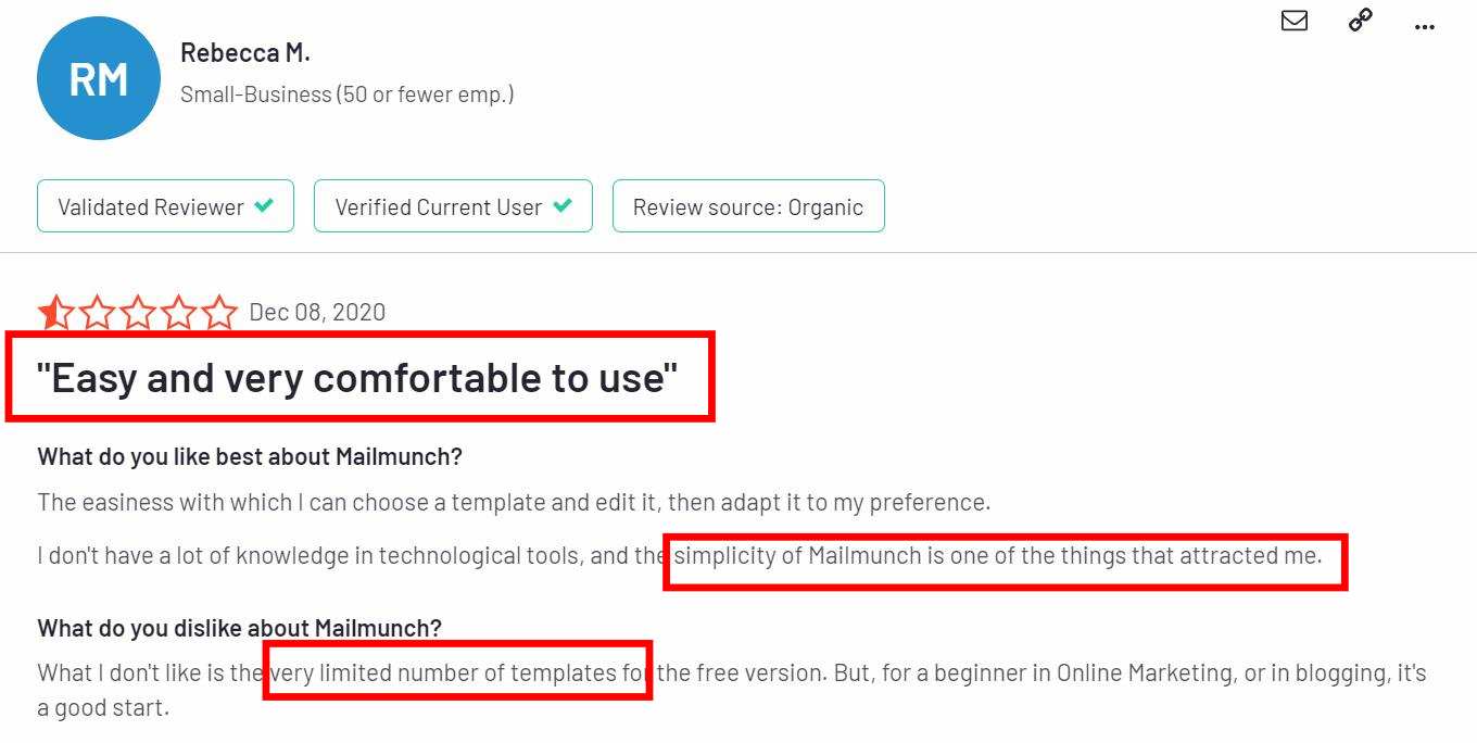 Negative user review of Mailmunch saying that there are limited email templates to work with