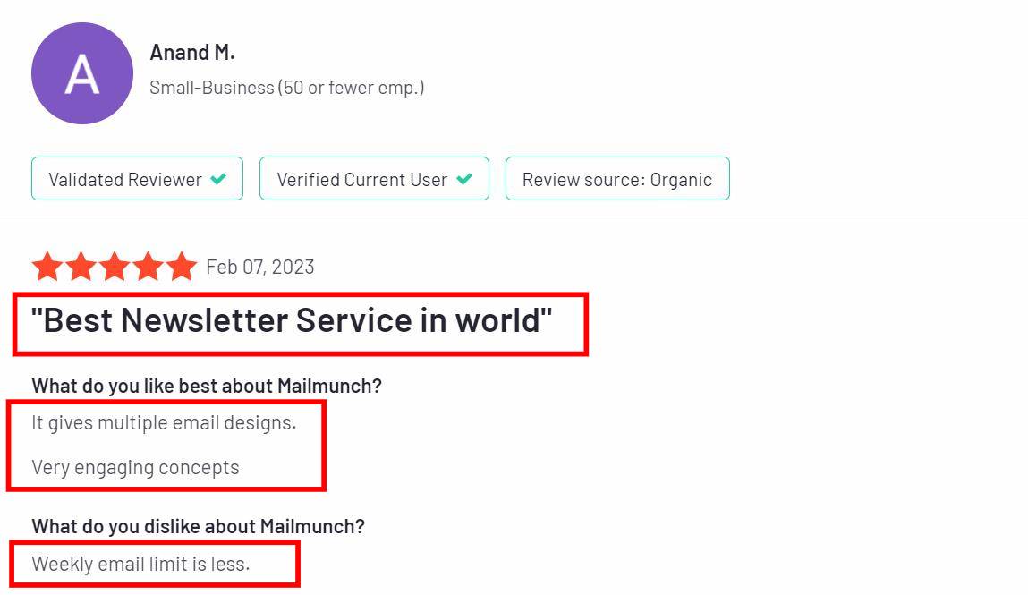 Positive user review of Mailmunch newsletter feature