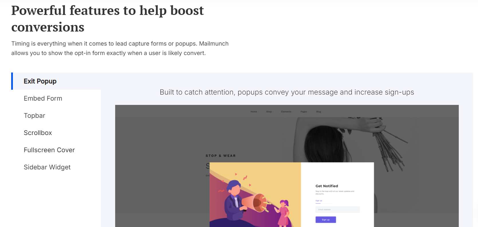Maillmunch website exit pop-up box feature