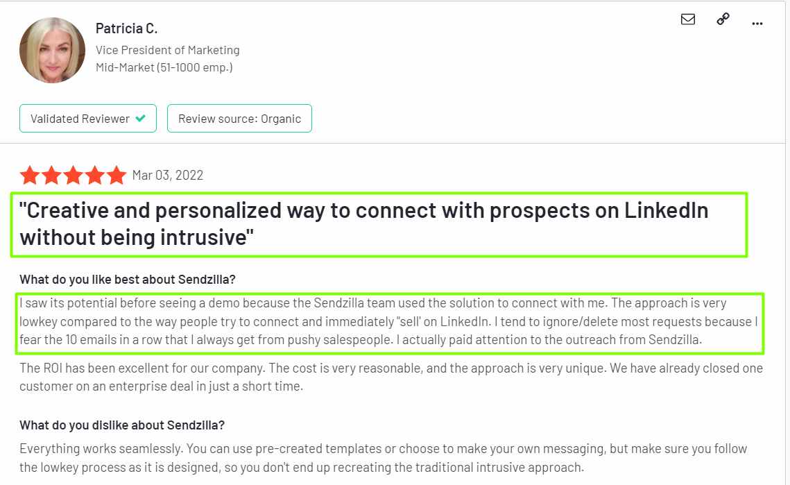 Positive review of SalesRobot's LinkedIn personalization options