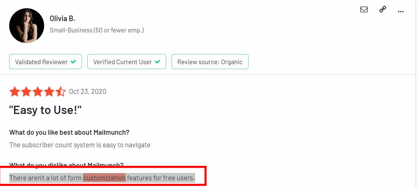Negative user review of Mailmunch saying there aren't personalization options for free users.