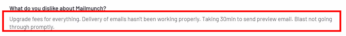 Negative user review of Mailmunch complaining that every feature needs an upgrade fee