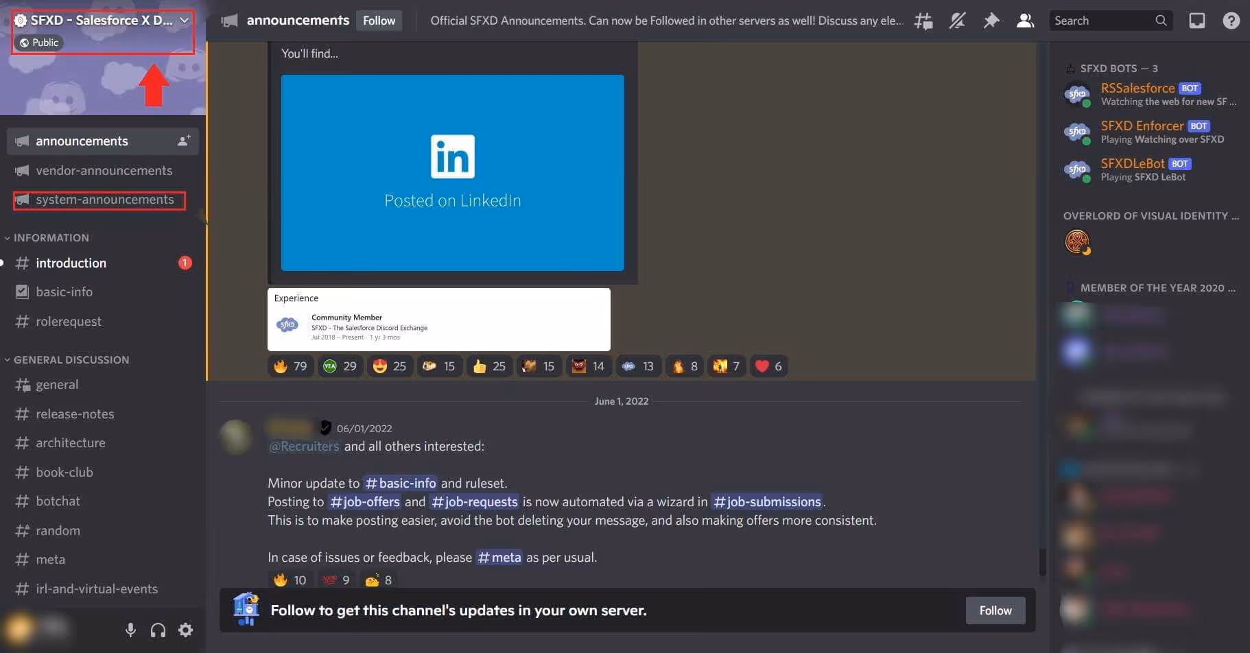 Discord channels and announcements.