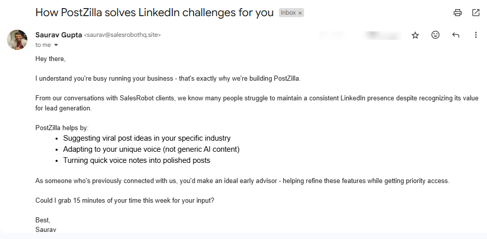 Email from PostZilla about solving LinkedIn challenges, offering viral post ideas and quick note conversion.
