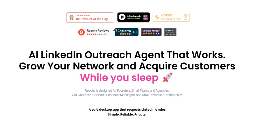 Reachy is an AI LinkedIn outreach agent designed to help founders, small teams, and agencies grow their network and acquire customers while they sleep