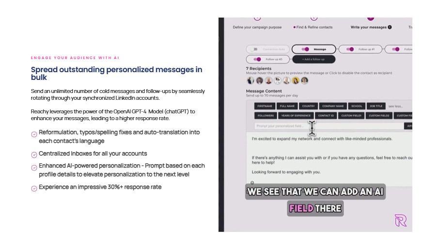 An AI-powered LinkedIn outreach tool that allows users to send personalized messages in bulk and manage multiple LinkedIn accounts.