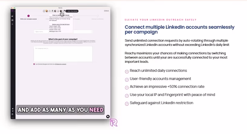 A screenshot of the Reachy platform showing how to connect multiple LinkedIn accounts and add them as needed.