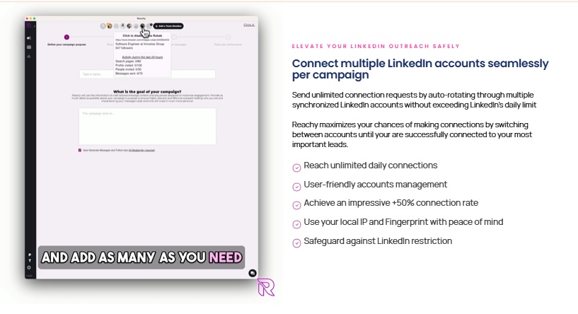 A screenshot of the Reachy platform showing how to connect multiple LinkedIn accounts and add them as needed. 