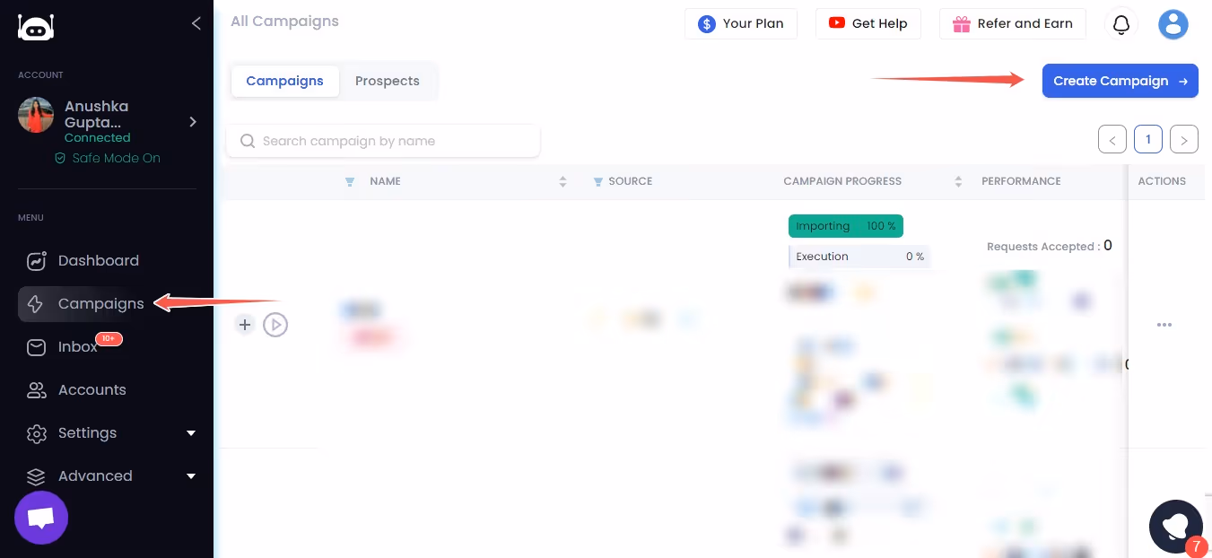 Campaigns page in SalesRobot