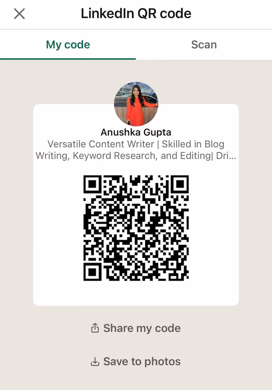 Personal QR code in the LinkedIn app