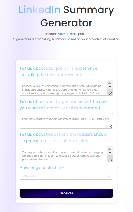 A LinkedIn Summary Generator interface