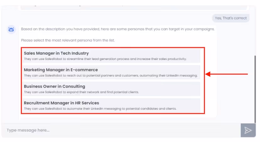 SalesRobot page where users can select personas for their campaigns.
