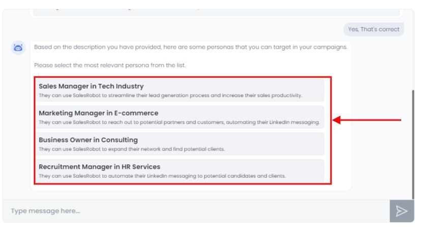 SalesRobot page where users can select personas for their campaigns.