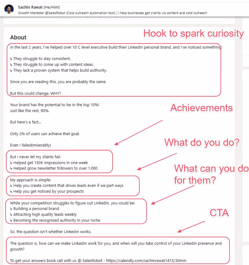 A breakdown of a LinkedIn profile summary with labels highlighting key sections