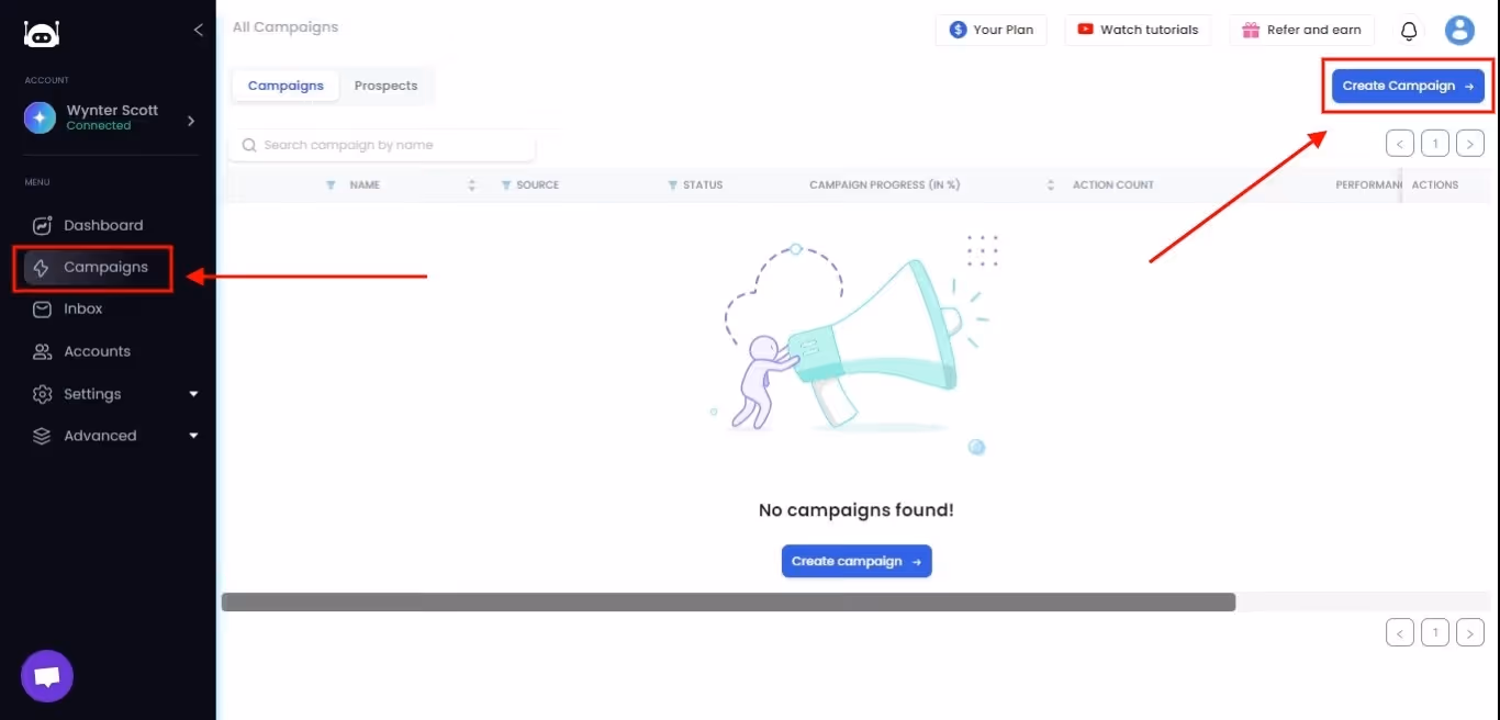 SalesRobot campaigns page with navigation arrows pointing to campaigns and create campaign buttons.