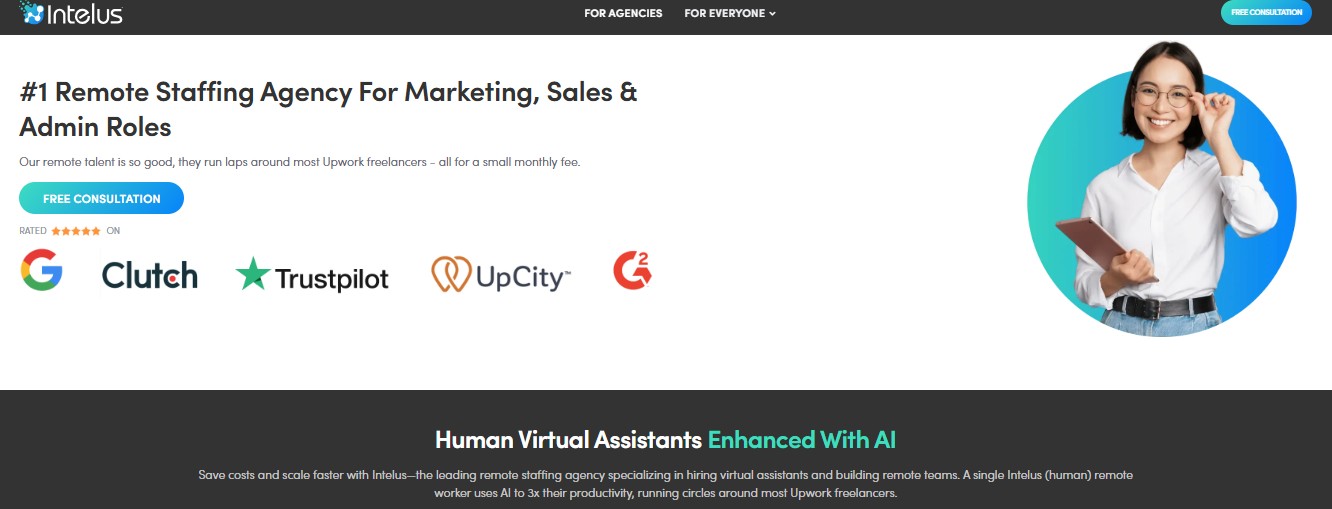 Intelius website promoting remote staffing agency services for marketing, sales, and admin roles.