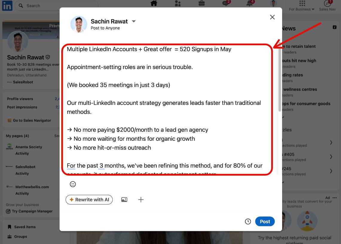 A close-up view of a LinkedIn post creation window with text about networking, overlaid on a partially visible LinkedIn profile page