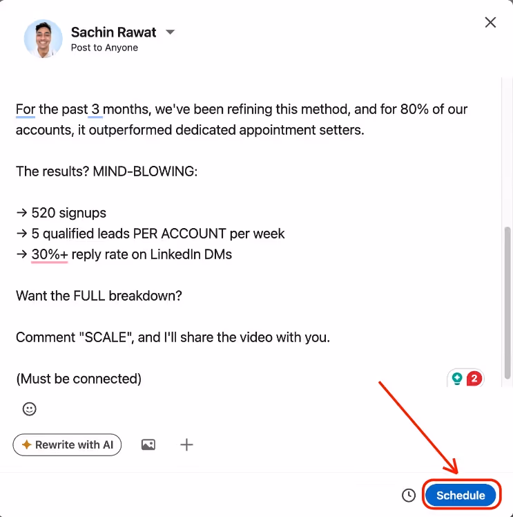 A close-up of a LinkedIn post creation window with a red arrow pointing to the "Schedule" button