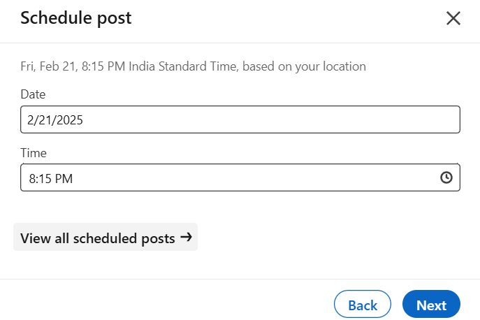 A "Schedule post" window displays a date set for February 21, 2025, at 8:15 PM India Standard Time, with "Back" and "Next" buttons