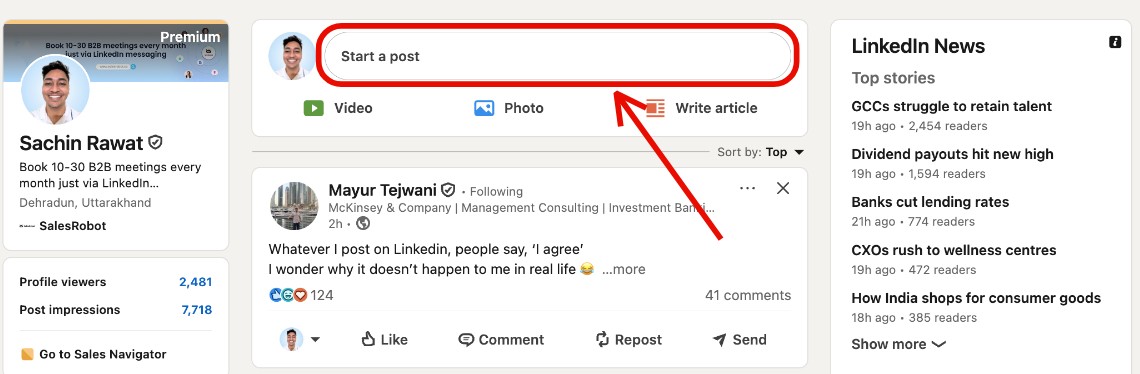 Screenshot of a LinkedIn activity feed with a red arrow pointing to a "Start a post" button