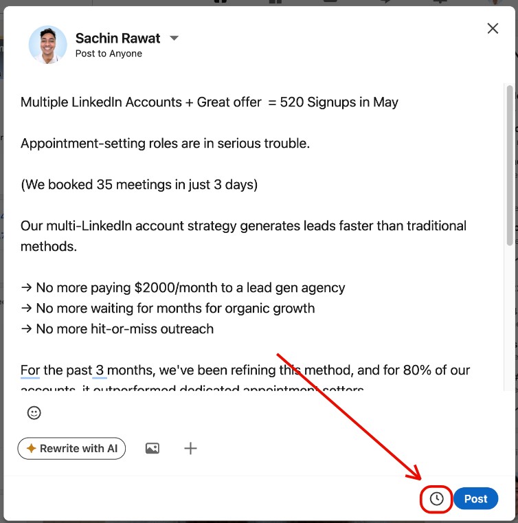A close-up of a LinkedIn post creation window with a red arrow pointing to the "Post" button