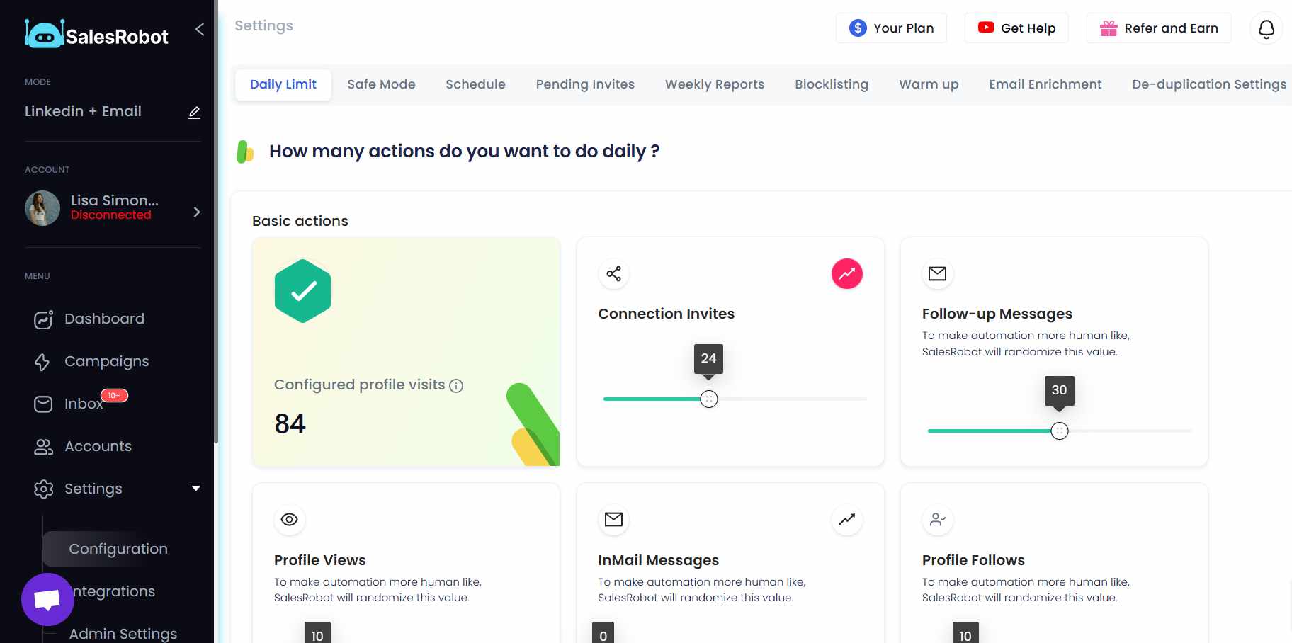 A dashboard interface displays settings for a LinkedIn automation tool, showcasing daily limits for various actions like profile visits, connection invites, and follow-up messages, with a sidebar menu for navigation