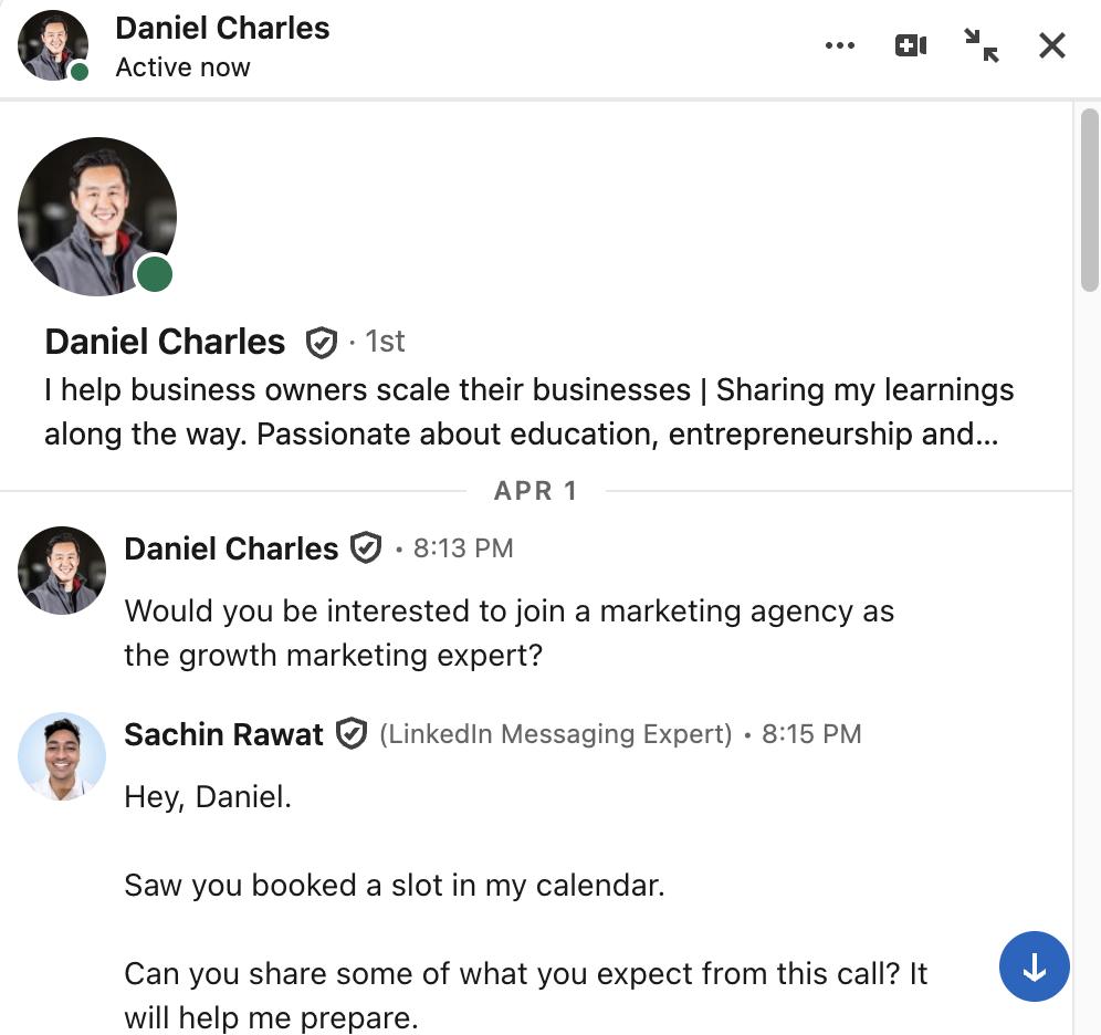 A LinkedIn conversation between Daniel Charles and Sachin Rawat.