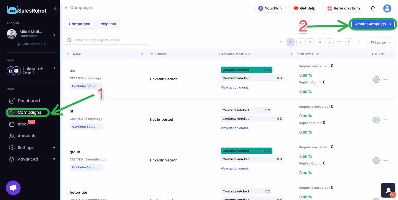 Campaigns page with create campaign button.