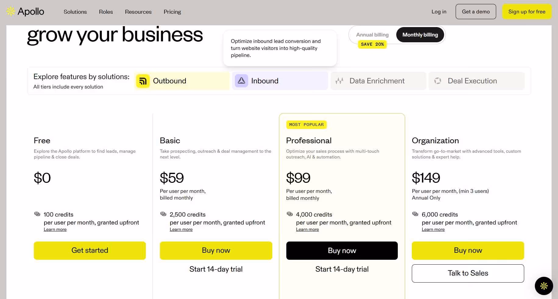 Apollo pricing page
