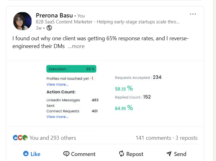 A LinkedIn post by Prerona Basu showing statistics related to lead generation.