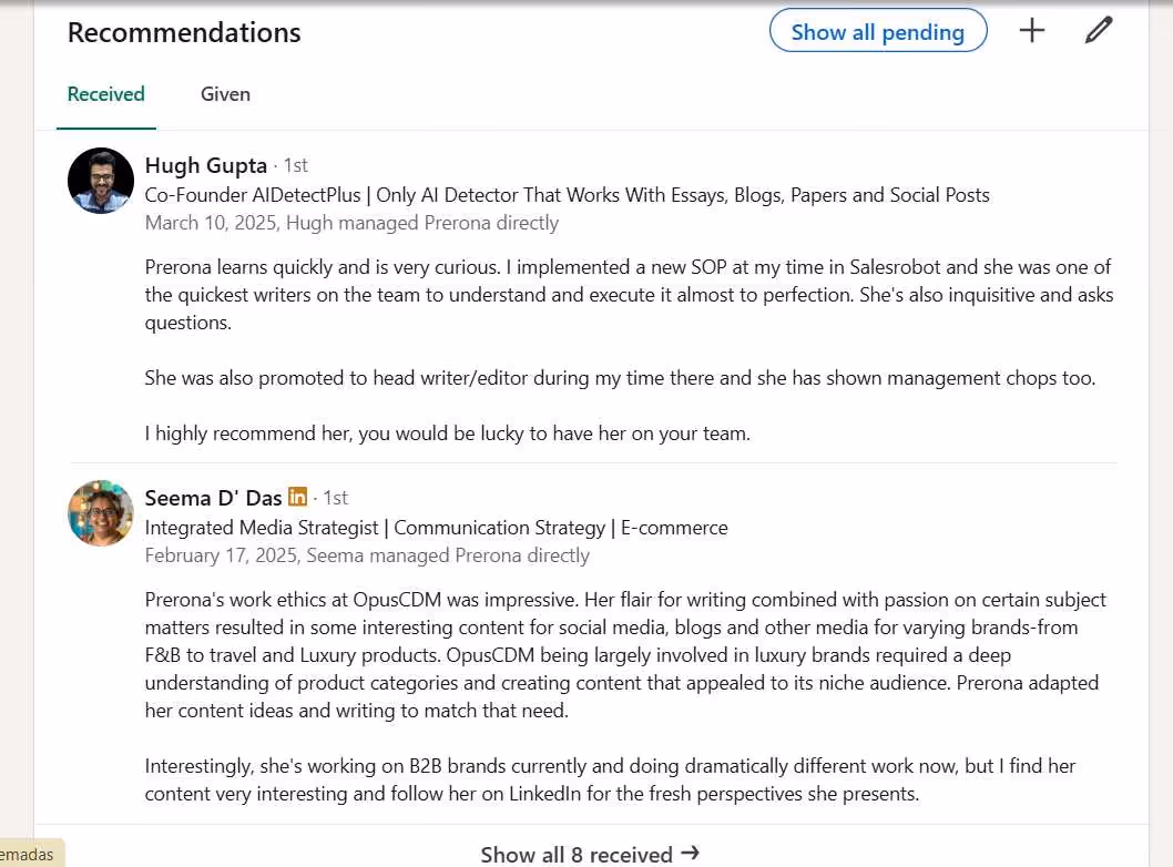 A LinkedIn recommendation for Prerona Basu from two people.