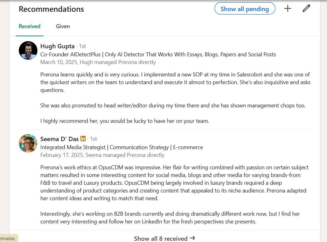A LinkedIn recommendation for Prerona Basu from two people.