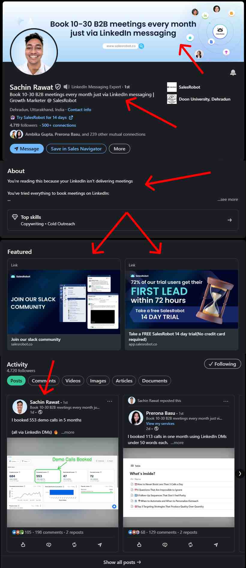 Screenshot of a LinkedIn profile showcasing SalesRobot and its features.