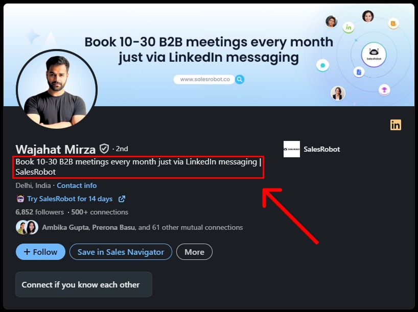 LinkedIn profile of Wajahat Mirza, highlighting his ability to book meetings via LinkedIn messaging.