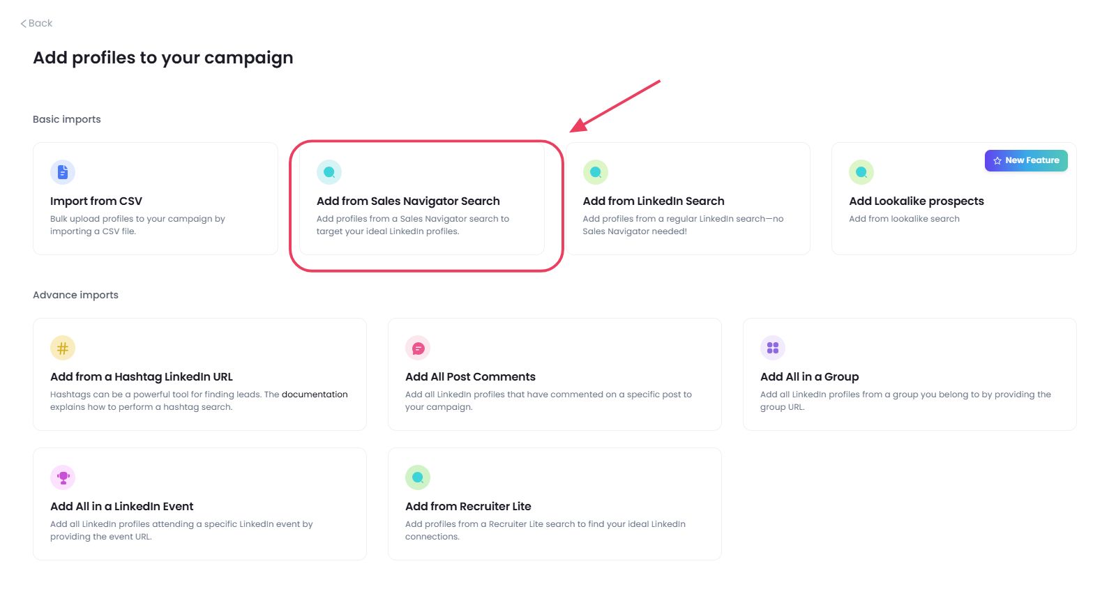 Screenshot of a dashboard with several options for adding profiles to a campaign, with an arrow pointing to the 'Add from Sales Navigator Search' option.