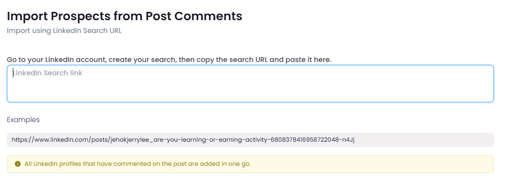 Screenshot of a form to import prospects from post comments, with a field for a LinkedIn Search link.