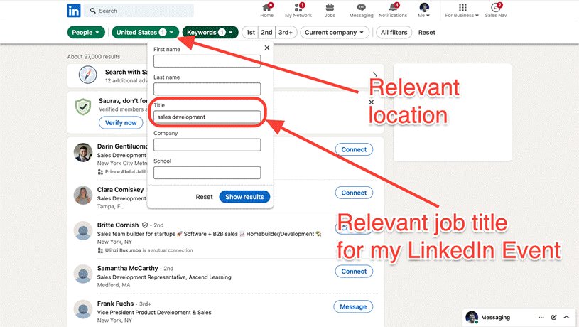 A screenshot of a LinkedIn search interface with arrows indicating relevant location and job title search fields.