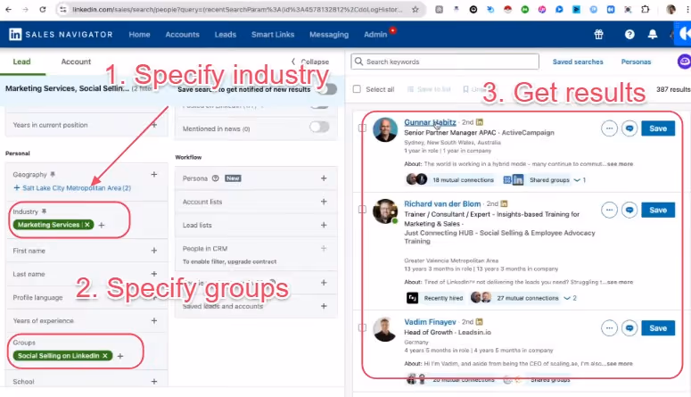 A screenshot of a Sales Navigator search interface, indicating how to specify industry and groups to get results.