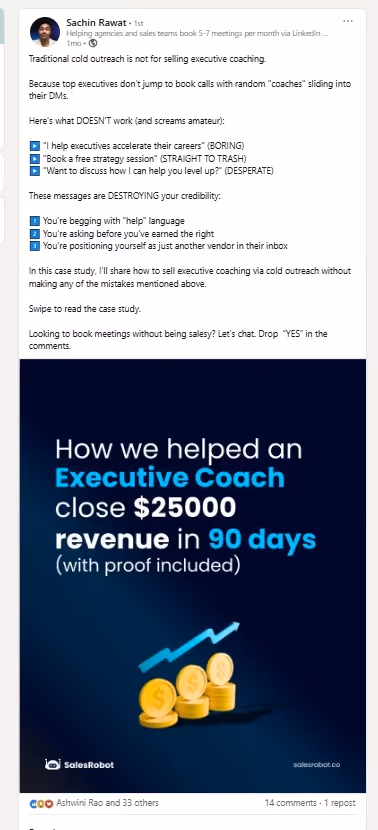 LinkedIn post discussing how to sell executive coaching via cold outreach.