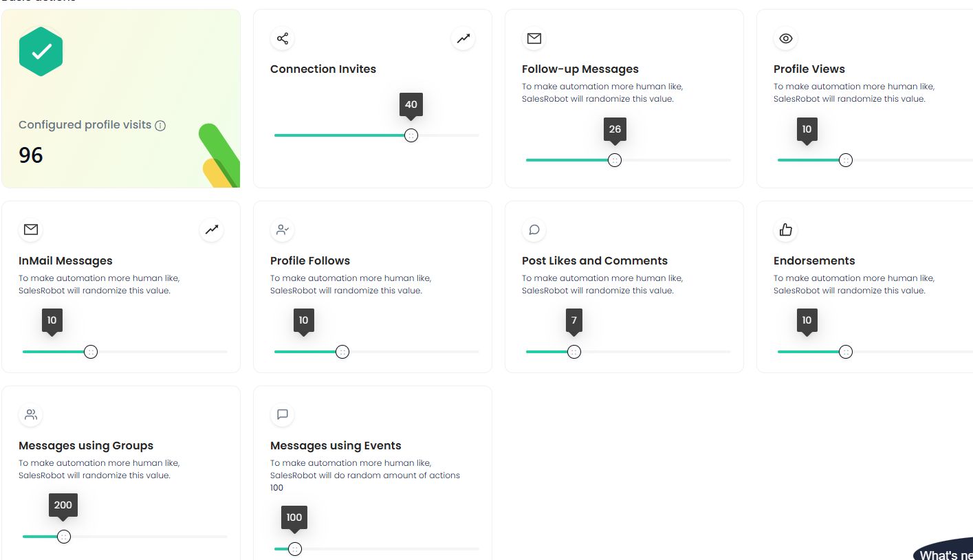 SalesRobot basic actions dashboard.
