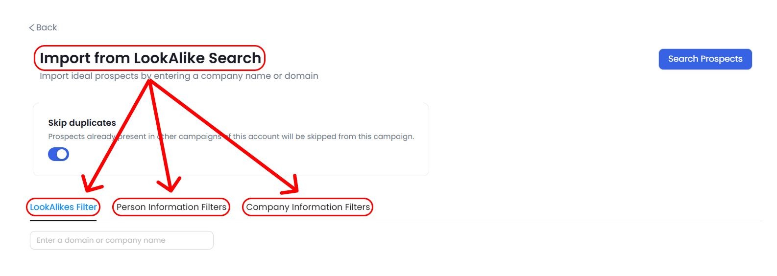 Import from LookAlike Search' interface with filters for LookAlikes