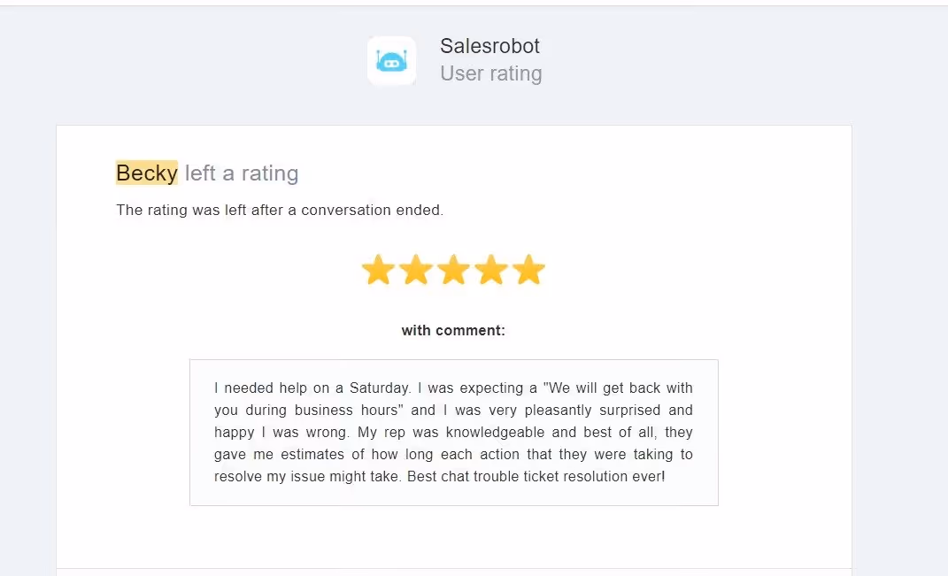 User rating with five stars and a positive comment about helpful and knowledgeable support.