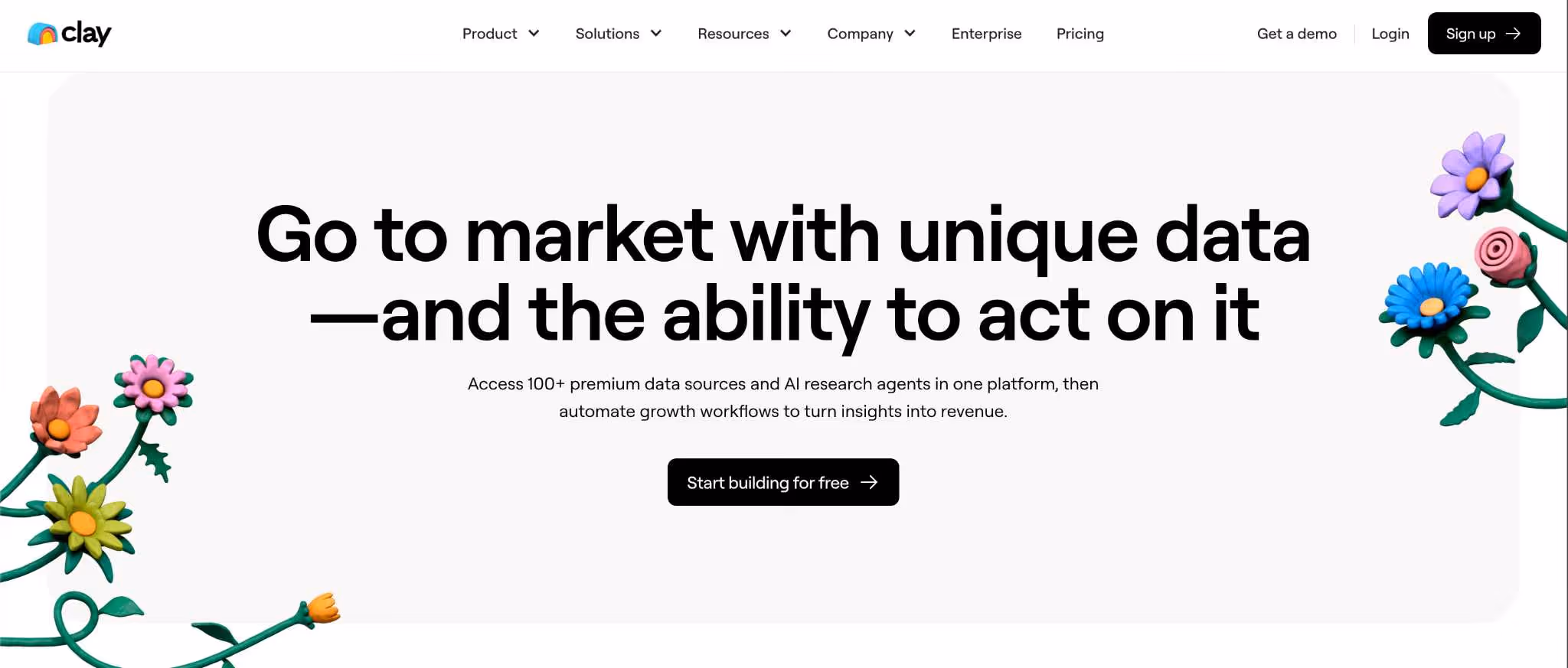 Clay website promoting unique data and the ability to act on it.