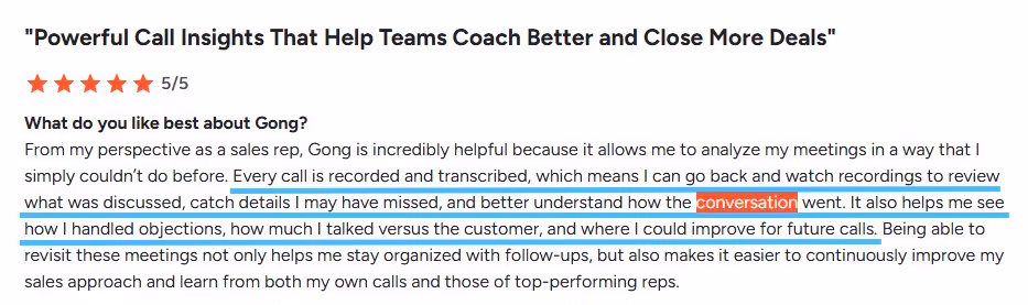 Review of Gong with 5/5 stars, highlighting powerful call insights for coaching and closing deals