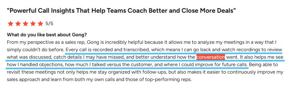 Review of Gong with 5/5 stars, highlighting powerful call insights for coaching and closing deals